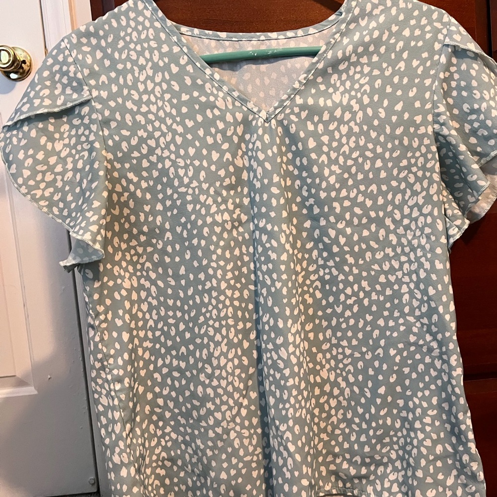 Light Blue V-Neck Blouse with White Cheetah Design - Size Small